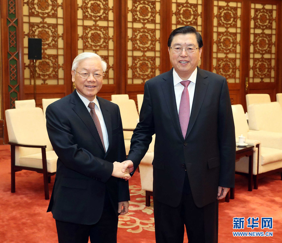 1月13日，中共中央政治局常委、全國(guó)人大常委會(huì)委員長(zhǎng)張德江在北京人民大會(huì)堂會(huì)見(jiàn)越共中央總書(shū)記阮富仲。 新華社記者 劉衛(wèi)兵 攝