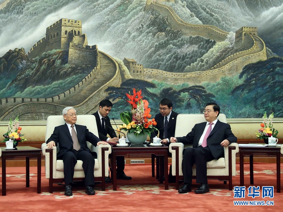 1月13日，中共中央政治局常委、全國(guó)人大常委會(huì)委員長(zhǎng)張德江在北京人民大會(huì)堂會(huì)見(jiàn)越共中央總書(shū)記阮富仲。 新華社記者 劉衛(wèi)兵 攝