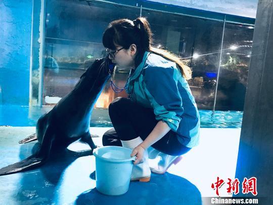 于雅麗與海獅親密瞬間?！“瑧c龍 攝
