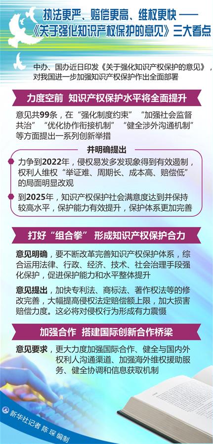 （圖表）[新華調(diào)查]執(zhí)法更嚴(yán)、賠償更高、維權(quán)更快&mdash;&mdash;《關(guān)于強(qiáng)化知識產(chǎn)權(quán)保護(hù)的意見》三大看點(diǎn)