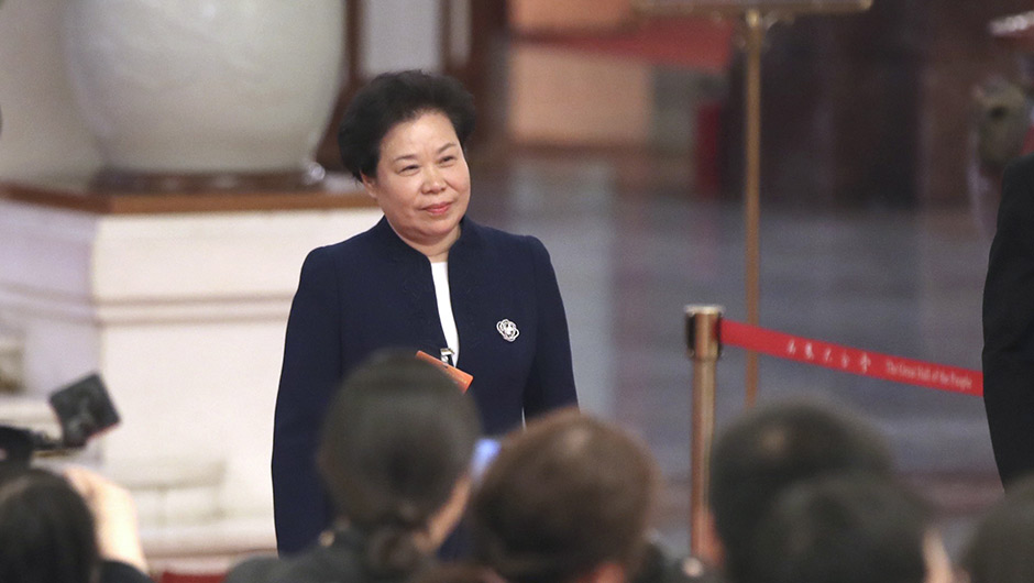 劉雅鳴步入&ldquo;部長通道&rdquo;，準備接受采訪