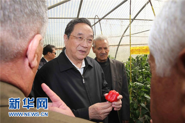 11月8日，正在約旦進(jìn)行正式友好訪問的全國(guó)政協(xié)主席俞正聲在約旦河谷參觀碩果農(nóng)業(yè)合作社。 新華社記者 劉衛(wèi)兵 攝 