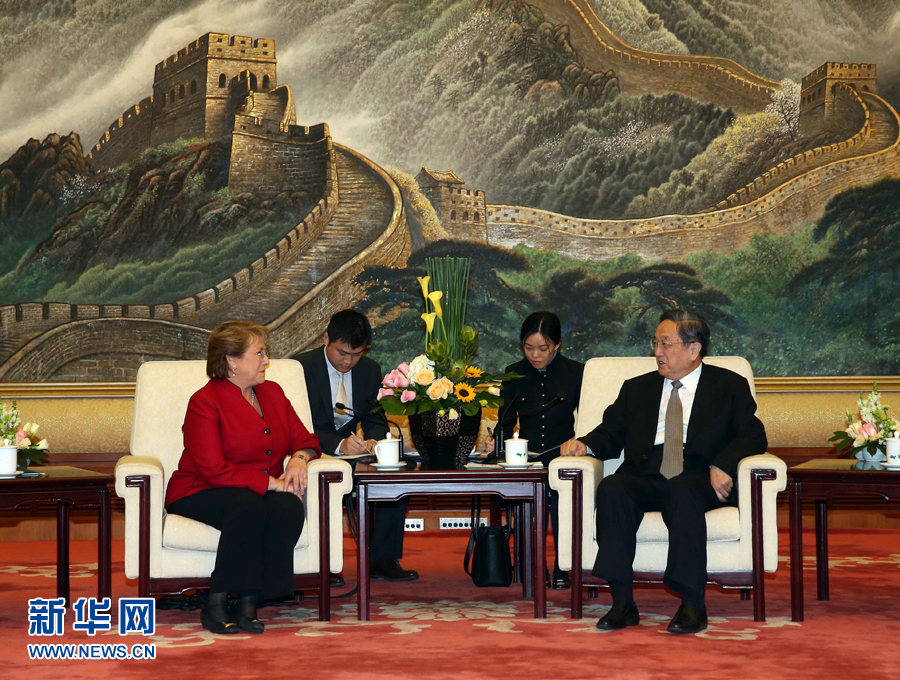 11月11日，全國政協(xié)主席俞正聲在北京人民大會(huì)堂會(huì)見智利總統(tǒng)巴切萊特。 新華社記者 劉衛(wèi)兵 攝