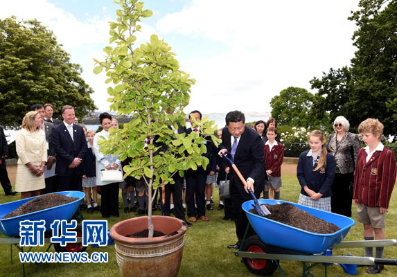 11月18日，國家主席習(xí)近平在澳大利亞塔斯馬尼亞州與朗塞斯頓市斯科奇－歐克伯恩小學(xué)的小學(xué)生共同植樹。新華社記者 饒愛民 攝