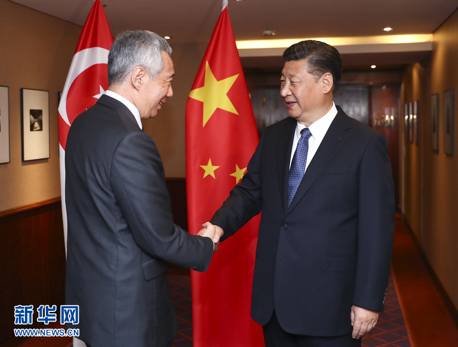 7月6日，國家主席習近平在漢堡會見新加坡總理李顯龍。 新華社記者謝環(huán)馳 攝